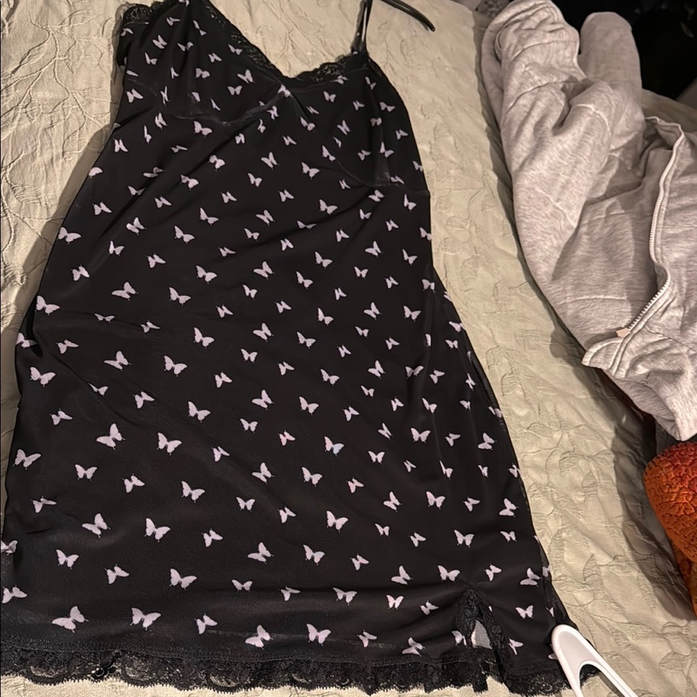 Black Slip Dress with Butterfly Print